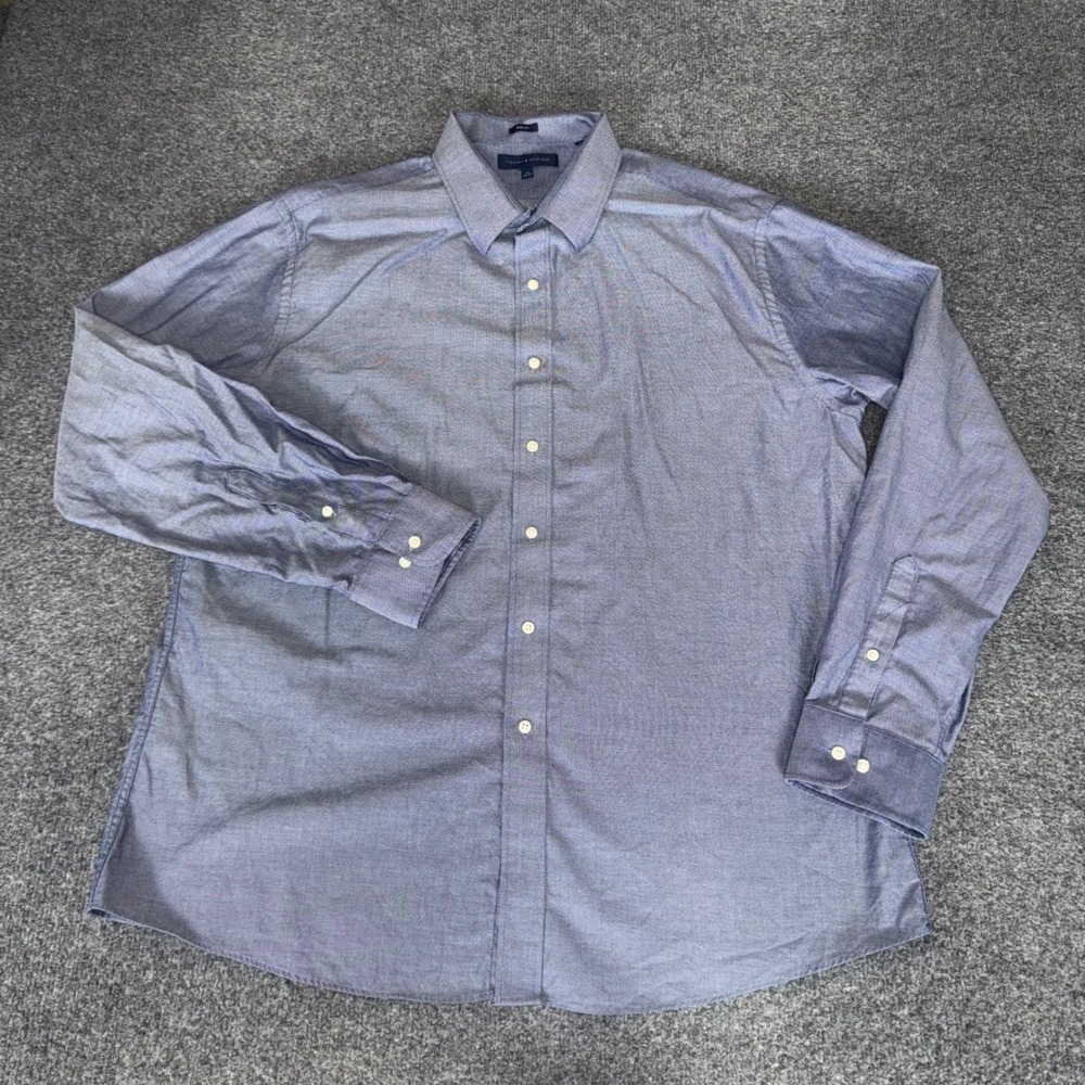 Tommy Hilfiger Mens Blue Slim Fit Button Down 2XL Dress Shirt 18 36-37 Cotton